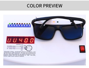 Test de protection UV400 détaillé montrant des lunettes de soleil carrées polarisées