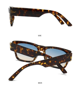 Detailed side and back view of retro tortoiseshell sunglasses with blue gradient lenses