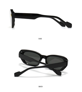Side and back view of retro black polygon sunglasses featuring thick temples and gray lenses