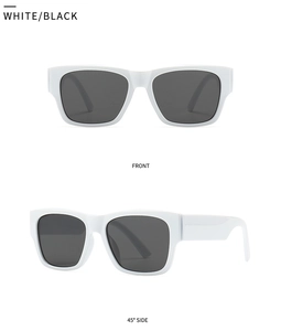 Front and 45 degree side views of modern white frame sunglasses with black lenses