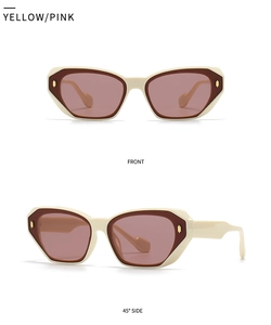 Off-white and brown polygon sunglasses with gradient pink lenses shown from two angles