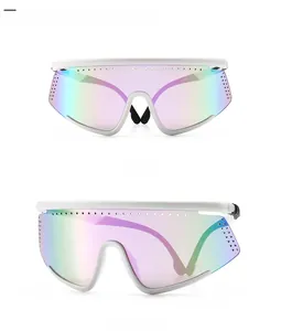 Detailed views of white cycling glasses with purple pink gradient lenses and air vents