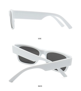 Side and back view of modern white rectangular sunglasses with dark grey lenses