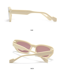 Side and back views of vintage polygonal sunglasses in cream frames and pink lenses
