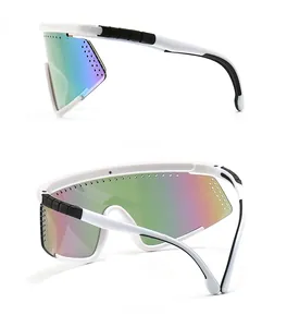 Side and back view of white sports cycling sunglasses with colorful mirrored lenses