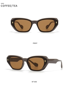 Detail view of coffee polygon sunglasses showing front and 45-degree side angles with gold studs