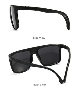 Détails de lunettes de soleil carrées noires avec branches texturées, vues latérale et arrière