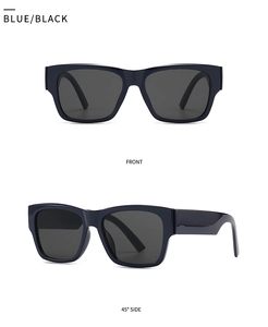 Front and side view of square sunglasses with thick dark blue frame and gray lenses