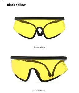 Front and side view of black matte sports sunglasses with bright yellow vented lenses