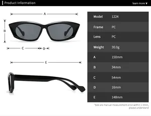 Detailed size chart for retro cat eye sunglasses showing PC frame dimensions and weight