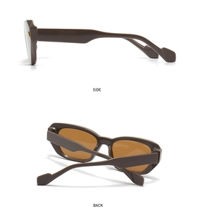 Side and back view of retro brown polygon sunglasses with thick acetate frames