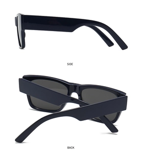 Detailed side and back view of black rectangular sunglasses with wide temples