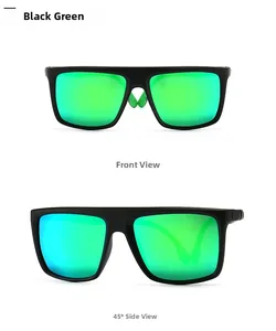 Vues de face et de profil à 45° des lunettes de soleil carrées noir mat avec verres verts