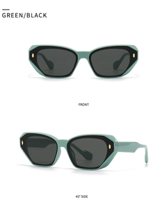 Front and side view of green polygon sunglasses with black rims and gold accents