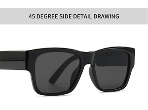 Detailed 45-degree side view of black square frame sunglasses showing frame thickness