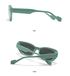 Detail view of sage green polygonal sunglasses showing side and back folding structure