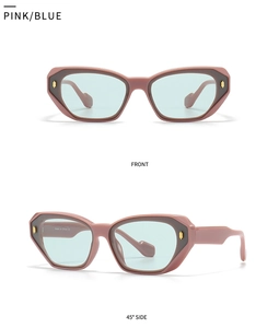 Front and 45-degree side views of pink cat-eye sunglasses with teal lenses and gold studs