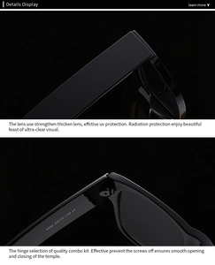 Close-up of durable metal hinges and high-quality frames of these modern square sunglasses