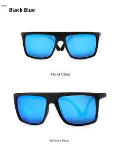 Vues de face et à 45 degrés des lunettes de soleil carrées noir mat avec verres bleus