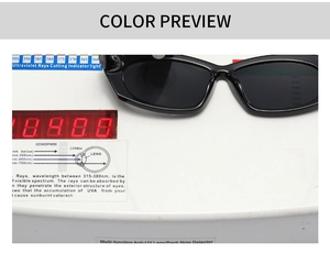 UV protection test showing black polygon sunglasses on a professional testing device