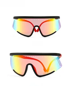 Black large frame polarized cycling sunglasses with colorful red gradient lens details