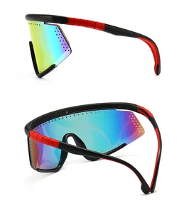 Detailed view of the side and back of polarized sports sunglasses with rainbow lenses