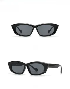 Front and 45-degree side views of stylish black polygon cat-eye sunglasses for women
