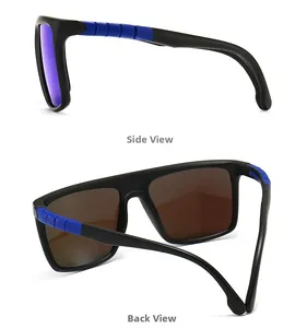 Vue détaillée de lunettes de soleil carrées noires avec branches antidérapantes bleues