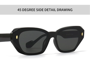 45-degree side view of black geometric sunglasses with gold accents and thick frames