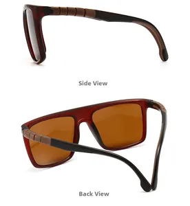 Détails de lunettes de soleil carrées en écaille avec verres ambrés et branches texturées