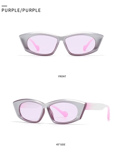 Front and side view of cat-eye sunglasses with purple lenses and gradient temples