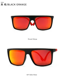 Vues frontale et latérale de lunettes de soleil carrées noires avec verres miroir orange