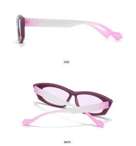 Detail view of purple cat-eye sunglasses featuring white to pink gradient side temples