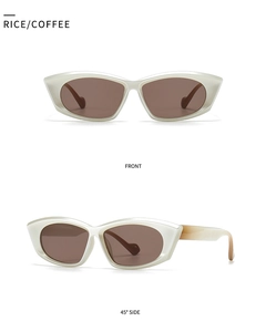 Front and 45-degree side views of retro polygonal cat-eye sunglasses in cream and brown