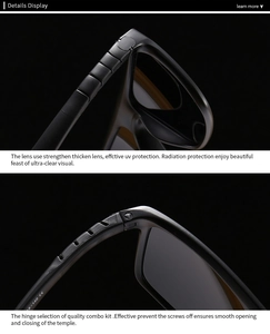 Détails macro des lunettes de soleil noir mat avec verres anti-UV et charnières en métal