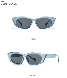 Front and 45-degree side views of blue cat-eye sunglasses with dark lenses