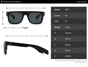 Tableau des tailles détaillé pour lunettes de soleil carrées avec dimensions de monture