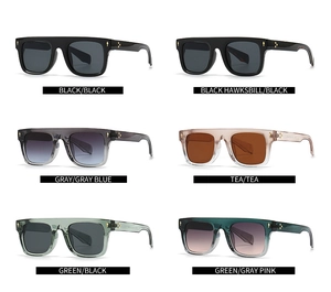Présentation de lunettes de soleil carrées en six couleurs avec rivets dorés décoratifs