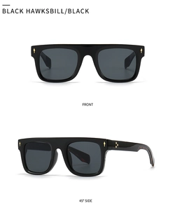 Vues de face et de profil de lunettes de soleil carrées noires avec rivets dorés