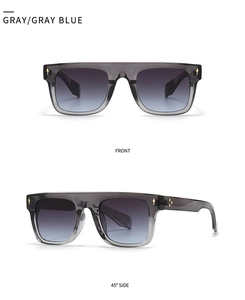 Vue avant et latérale de lunettes de soleil carrées grises avec rivets ancre dorés