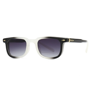 Square black and white gradient frame sunglasses with purple gradient lenses and gold accents