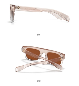 Détail des lunettes de soleil rose transparent avec des rivets métalliques sur les branches