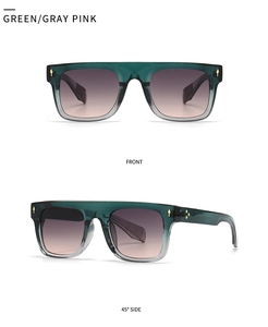 Vues de face et à 45 degrés de lunettes de soleil carrées vertes à verres dégradés gris rose