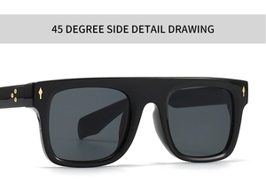 Vue détaillée de profil à 45 degrés de lunettes de soleil carrées noires à rivets dorés