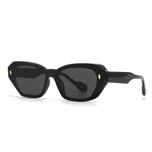 Retro polygon sunglasses with thick black frames and gold metal accents on white background