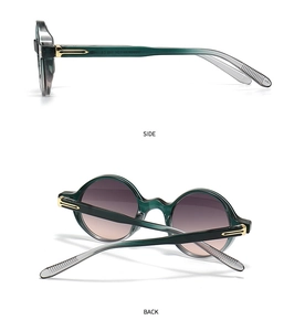 Vue détaillée des angles latéraux et arrière de lunettes de soleil rondes avec détails dorés