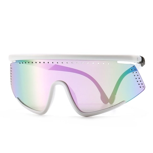 White frame sports cycling sunglasses with large polarized iridescent lenses for men and women