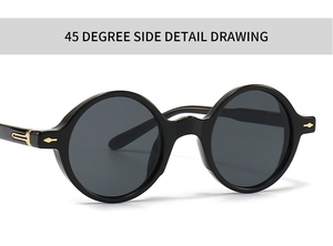 Vue détaillée à 45 degrés des lunettes de soleil rétro noires avec charnières flèche dorée