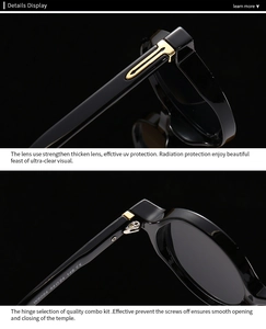 Détail des lunettes de soleil noires W6054 avec charnières dorées et verres anti-UV