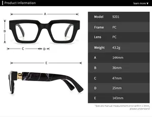 Detailed size chart for retro thick-frame glasses showing 9201 model dimensions and PC specs